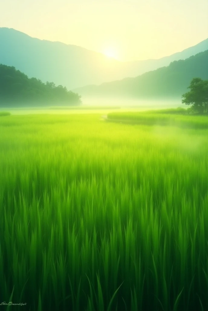 Painting a rice field in the early morning dawn