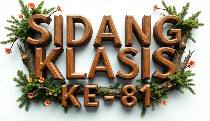 a creative typography of text "SIDANG KLASIS Ke - 81", digital art, all letters are Capital and visible looks like wooden text hanging on the tree branchs covered with some moss, wood fungus and some flowers. exactly full and definitive text and number. hi...