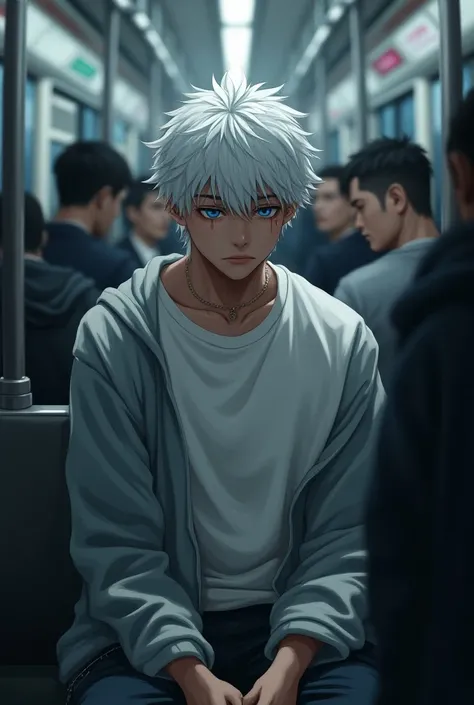 White-haired boy with blue eyes crying ,  dressed in a wide white t-shirt and gray sweater crying on the public train 
Jujutsu Kaisen style , Age 26 Gojo Satoru 