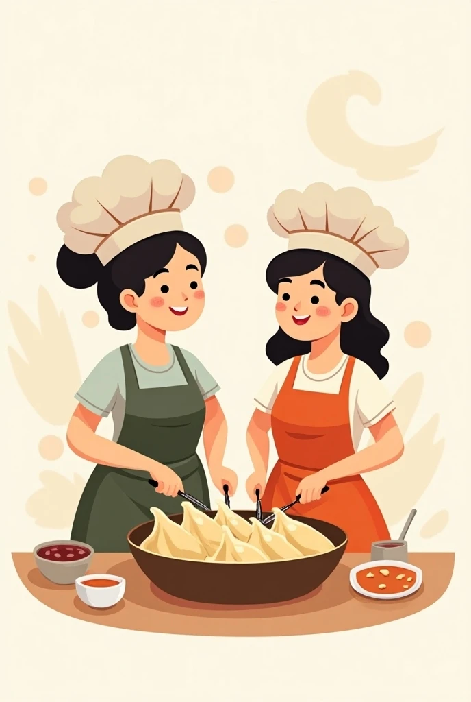 Create a logo of chicken dumplings with the mascot of 2 women who are cooking chicken dumplings 