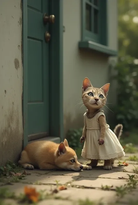 A small dog lay beaten by the side of the house Beside the puppy stood the little cat wear dress and its mother dressed