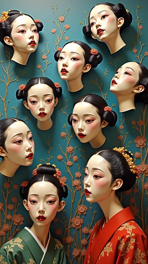 Expressionist artwork images of multiple floating ceramic heads of japanese women, 3d collage style, make it weird and gallery worthy