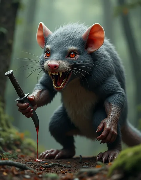 (large Rat-like creature ,  similar to kobolds in Dragon&#39;s Nest .、)  ferocious realistic monsters , scary look incredibly natural and natural look ,  grinned mouth with fangs ,claws, dagger in the right paw ,photorealism,real wool , realistic dagger in...