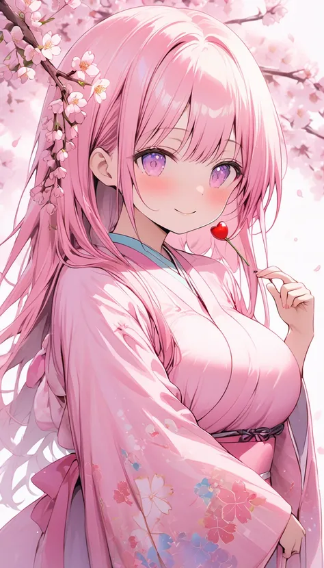 Pink Straight Hair， pale pink Hanfu with cherry branches ，Holding a cherry branch in your hand，background, A beautiful row of cherry blossom trees in full bloom ， She is a kind person ,  CUTE BIG BOOBS, slim, A petite and sweet girl, colorful and lively mo...