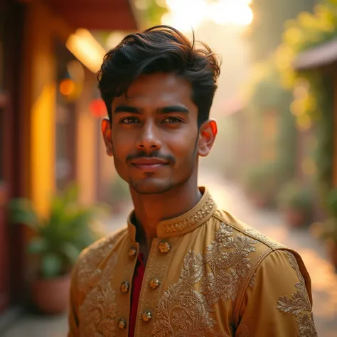 Create a wallpaper featuring a handsome Indian boy, aged around 18-25, with a well-groomed appearance and a charming smile. He has a medium to fair complexion, sharp facial features, and expressive dark eyes. His hair is styled neatly—either slightly wavy ...