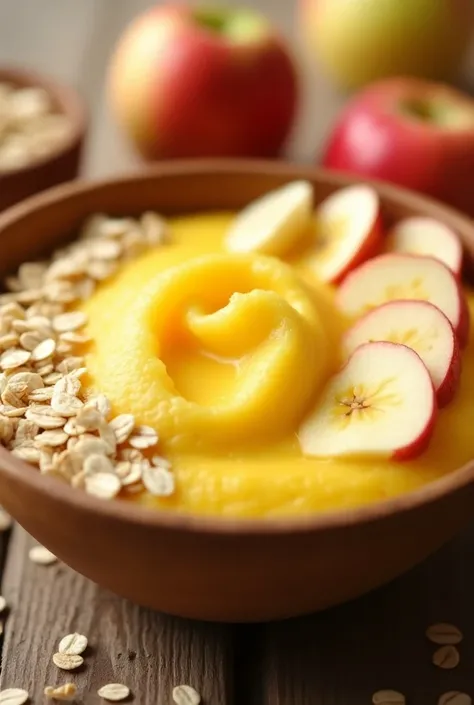 Baby food ,  banana puree with apple ,  and oat cereal with breast milk
