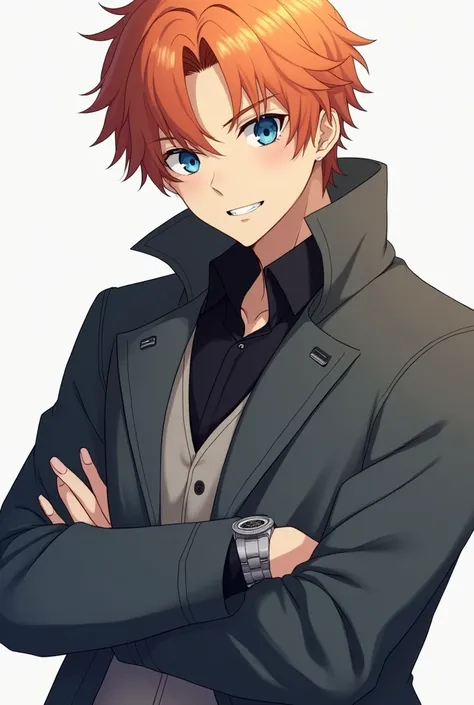  male anime character with short, wavy orange hair,  large and expressive blue eyes , Serious, vampire teeth.  He wears dark gray trench coat ,  a black shirt underneath and a gray vest .  His posture is relaxed but confident ,  conveying an atmosphere of ...