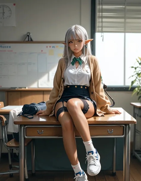 (high resolution,,)(nsf3)(classroom)(Full body view) 1girl((female ) (Silver Hair、Elf Ears、（ devils tail ）、tanned skin:2.5、)（Student Uniform, cardigan, garter belt on the background stage,sneakers, rucksack ）(Sit on a desk）