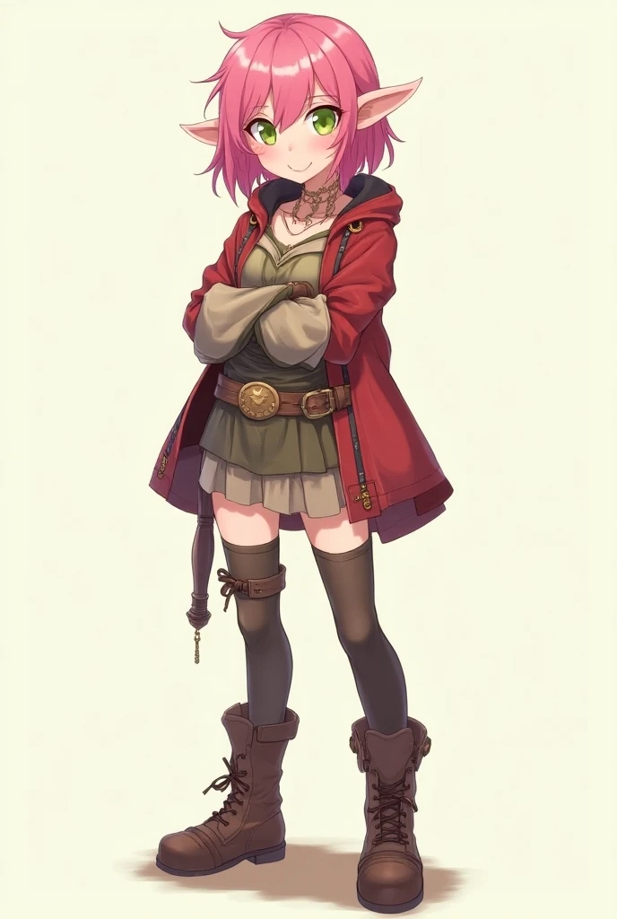 Full body, subject in semi-profile, 1 woman, small ears, slightly pointed ears, gnome ears, pink hair, green eyes, slim, medium chest, nice legs, smiling, friendly, fantasy medieval, RPG clothes, leather boots, rogue clothes, anime style, simple drawing, l...