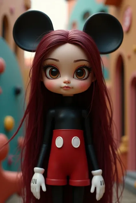 Full body image　 puppet style with realistic sharp eyes　The hair is long and the color is maroon 　 the world like Mickey Mouse 　