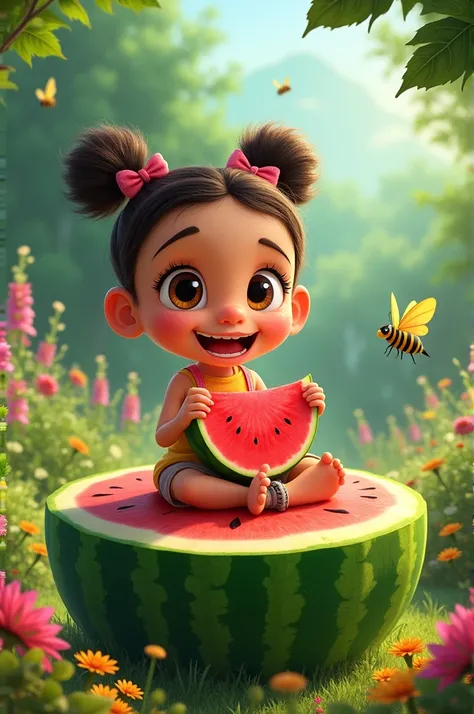  Create an image of the character Magali from the Brazilian cartoon Monicas Gang.  Magali must be in a garden eating a slice of watermelon , sitting on top of another watermelon  