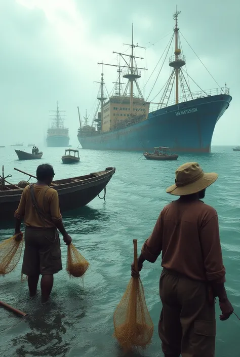 A powerful contrast between artisanal fishermen and large industrial fishing operations. In the foreground, small, wooden fishing boats with artisanal fishermen, looking frustrated and defeated, hold empty nets. Their simple clothing and traditional tools ...