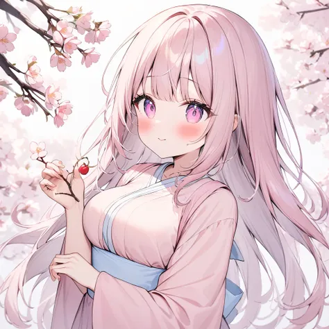 Pink Straight Hair， pale pink Hanfu with cherry branches ，Holding a cherry branch in your hand，background, A beautiful row of cherry blossom trees in full bloom ， She is a kind person ,  CUTE BIG BOOBS, slim, A petite and sweet girl, colorful and lively mo...