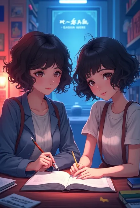 Two women with short curly hair studying very blue and red anime-style English 