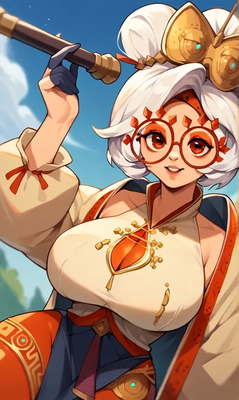 score_9, score_8_up, score_7_up, score_6_up, score_5_up, score_4_up, (source_anime), purah,
1girl,  huge breasts, narrow waist, thick thighs,  hair ornament, red headband, red glasses, sleeveless shirt, white coat, black skirt, red leggings, gloves, high h...