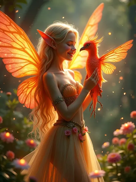 A full-body portrait of a fairy elf girl joyfully interacting with a magical bird resembling a phoenix. The fairy elf has delicate pointed ears, glowing skin, and vibrant, iridescent wings. She wears an intricate outfit inspired by nature, with leaves, flo...