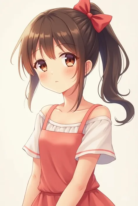  girls。 facing the front。clear。cute。Brown Hair。 ponytail。anime。ribbon。smile。smile。Big Breasts。Full body image。 facing the front。Character portrait。Young lady。