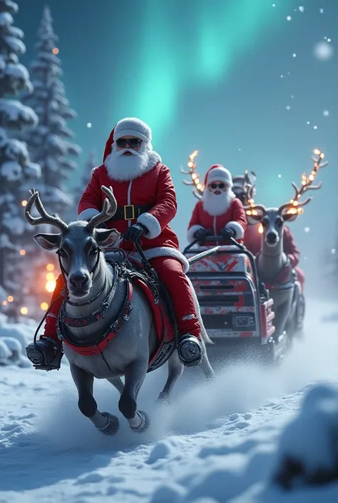 Santa Claus and & Girl santa claus, riding on sligh, while many reindeers pulling it, with a cyberpunk armored design, ang a lots of cybertech design & toys, with christmas background, winter illuminating light effects at the atmosphere, super detailed, hi...