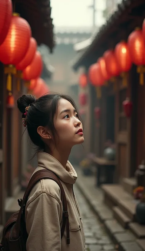 a girl visits an old town where her grandparents once lived. She walks through narrow, cobblestone streets lined with ancient wooden houses and red lanterns swaying in the wind. The story could focus on her rediscovering her heritage, with photos capturing...