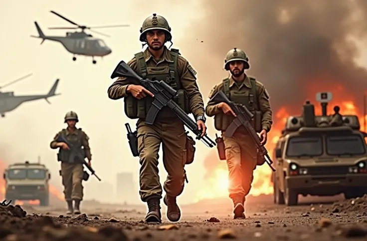 A highly detailed, hyper-realistic, war scene with a lone indonesia army soldier as the focal point, striking a powerful war pose, surrounded by a blurred background featuring a war zone with fire, tanks, and helicopters, masterful use of lighting and dyna...