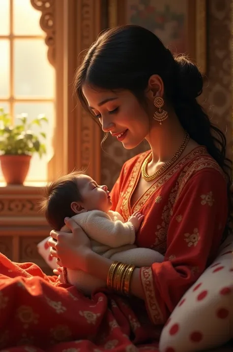 A warm, heartfelt scene showing a mother holding her baby in her arms, surrounded by a soft glow of light, symbolizing love and connection.
Rajasthani 
Old place 