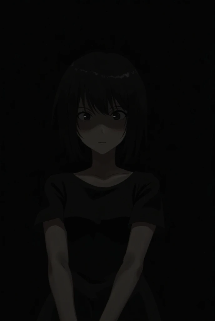 Girl with short hair and bangs black shirt seeing another girl from afar how pretty she is and she is ugly anime black background 