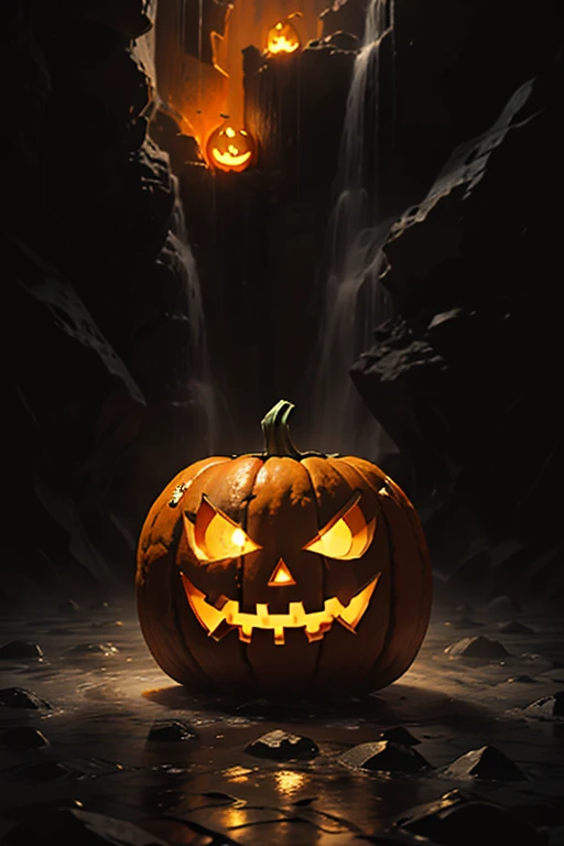 A jack-o-lantern floating in the dark、