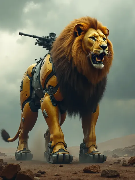 Lion and tank hybrid, hd, cinematic, hyper realistic, 9:16