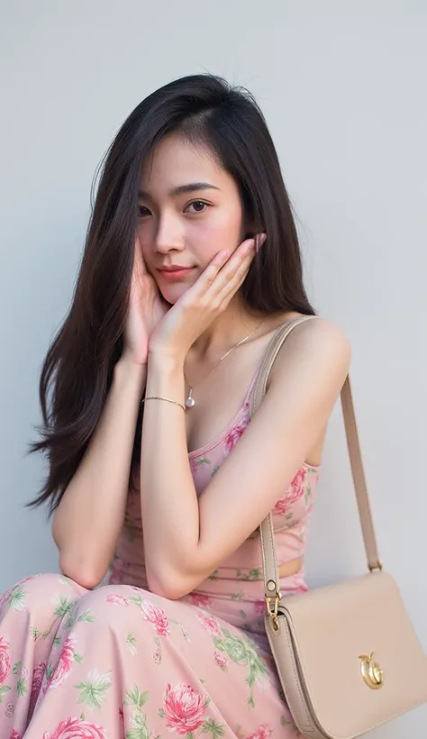 The image features a young, elegantly painted Chinese woman with fair, smooth skin posing for the camera. They have long, dark hair and are wearing a sleeveless floral dress in shades of pink and green. The individual is accessorized with earrings and a ne...