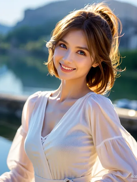 8k, short brown hair ,Japanese actress, super beauty (Realistic),Long sleeve dress, 、Wine Glasses、Full course dinner,Big smile,Lakeside, Perfect Anatomy,charm,Volume measurement,Body balance,  dslr camera ,  soft lighting ,  detailed background, Written Bo...