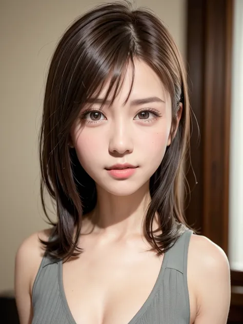 natta, Raw photography, (((Very beautiful portrait))), ((glistning skin)), 1girl in, Sexy 2 girl, Cafe Clerk、((Sauvages natural brown hair)), Gentle smile staring at the camera, ((​masterpiece, top-quality, ultra-detailliert, ciinematic light, intricate de...