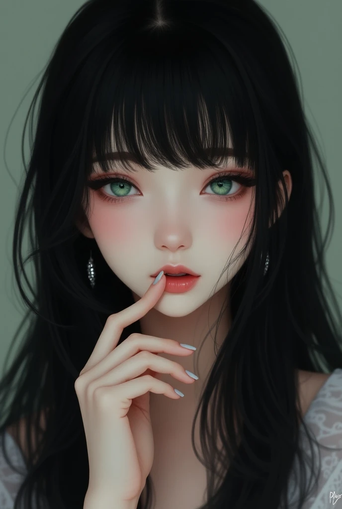 Create a black haired girl, very long and fringed , with blue-green eyes and fair skin,  with coquette style clothes wearing very light makeup showing the fingernails 