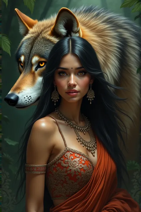 Dangerous wolf behind the beautiful Indian woman 