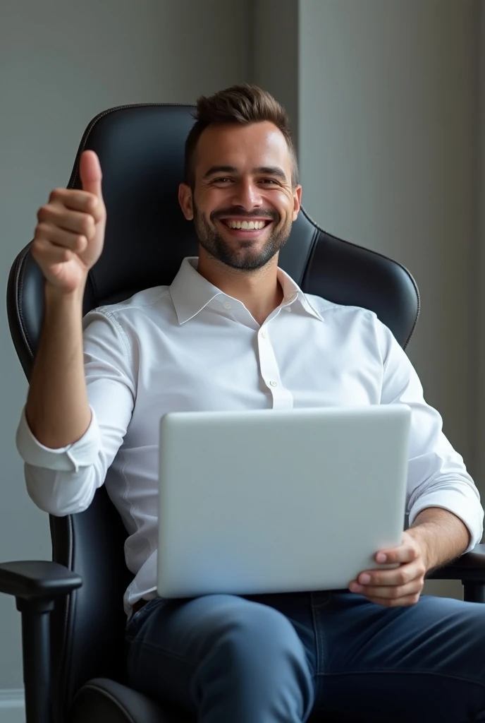  A man in white shirt wearing a white shirt facing forward,  right hand holding hp and left hand pointing thumbs up , and sitting in a gaming chair . HD realism