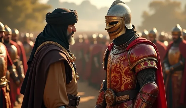 Crusaders ki army khadi jo red and golden Armor pene hue hai aur fron pe commander jo mukhota lagaye hue hai Saifuddin se baat kar rha hai jo brown libas aur black turban scarf pehne hai, natural light, superb detail,8k , intrinsic environment,glossy face,...