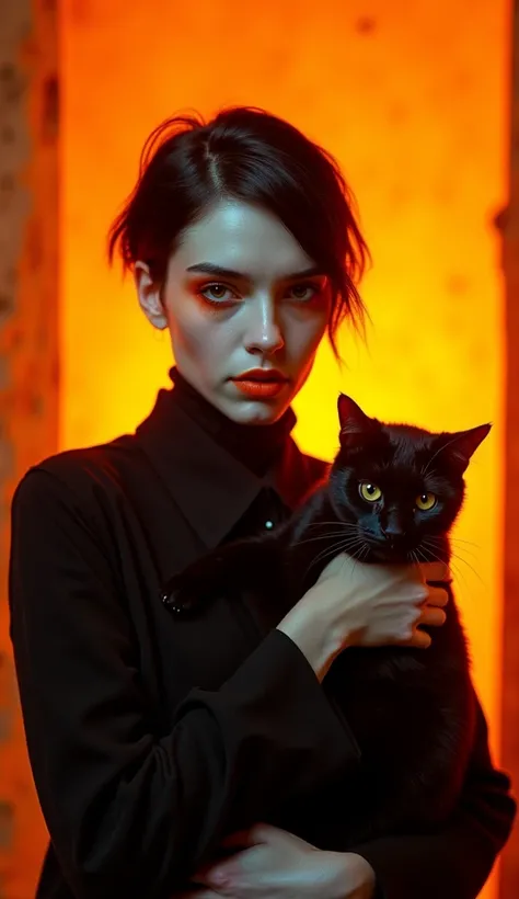 A pale woman with orange circles under her eyes. Her short hair, She has small lips and wears orange lipstick. orange eye shadow, orange lip, with a serious expression on her face, lady, girl, perfect shape, She walks with both hands holding a black cat in...