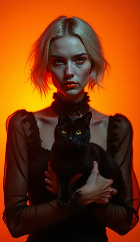 A pale woman with orange circles under her eyes. Her short hair, She has small lips and wears orange lipstick. orange eye shadow, orange lip, with a serious expression on her face, lady, girl, perfect shape, She walks with both hands holding a black cat in...