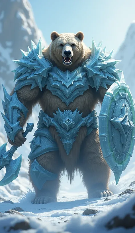 A grizzly bear in ice armor, holding an ax and shield (full body, grizzly bear body, Ultra-Realistic)