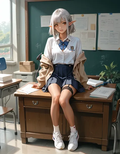 (high resolution,,)(nsf3)(classroom)(Full body view) 1girl((female ) (Silver Hair、Elf Ears、（ devils tail ）、tanned skin:2.5、)（Student Uniform, cardigan,Box Pleated Skirt, garter belt on the background stage,sneakers, rucksack ）(Sit on a desk）