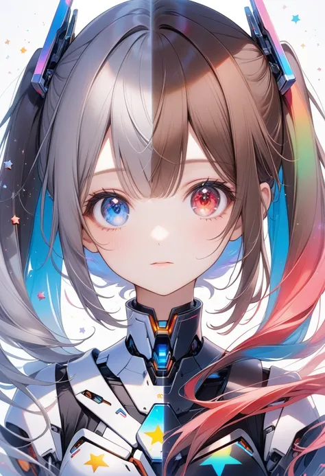  two girls,  1 person has brown hair and red eyes., Gray hair and blue eyes  ,  twin tails, Long Hair, White background ,  colorful pastel stars , Light, High image quality , Mecha Girl, Colorful portrait