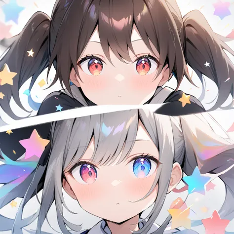  two girls,  1 person has brown hair and red eyes., Gray hair and blue eyes  ,  twin tails, Long Hair, White background ,  colorful pastel stars , Light, High image quality , Mecha Girl, Colorful portrait