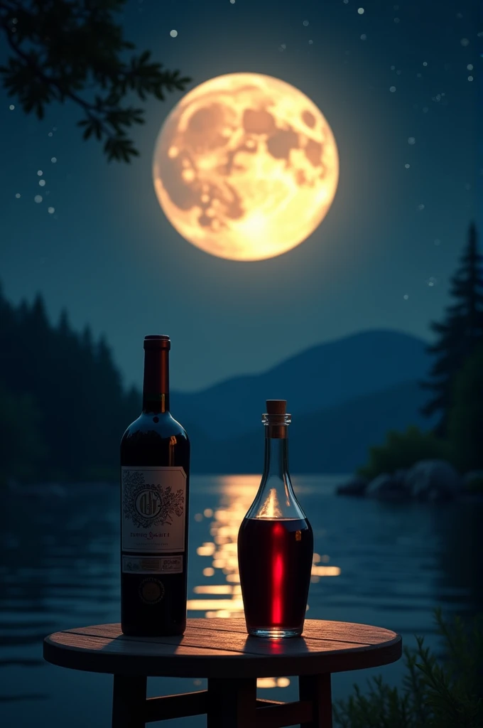 A bottle of wine and a beautiful moon