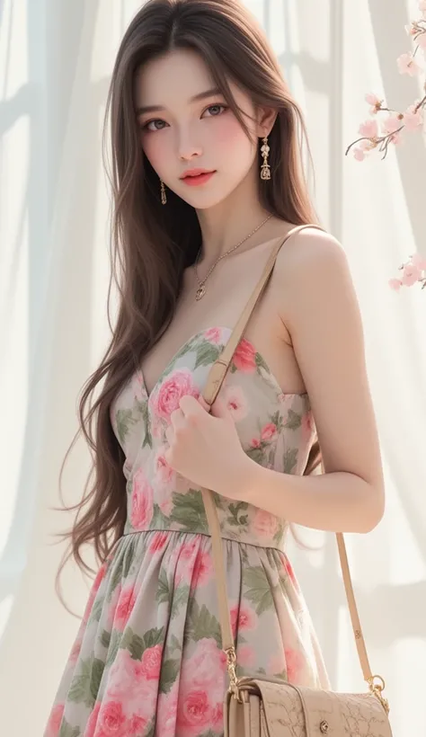 The image features a young, elegantly painted Chinese woman with fair, smooth skin posing for the camera. They have long, dark hair and are wearing a sleeveless floral dress in shades of pink and green. The individual is accessorized with earrings and a ne...