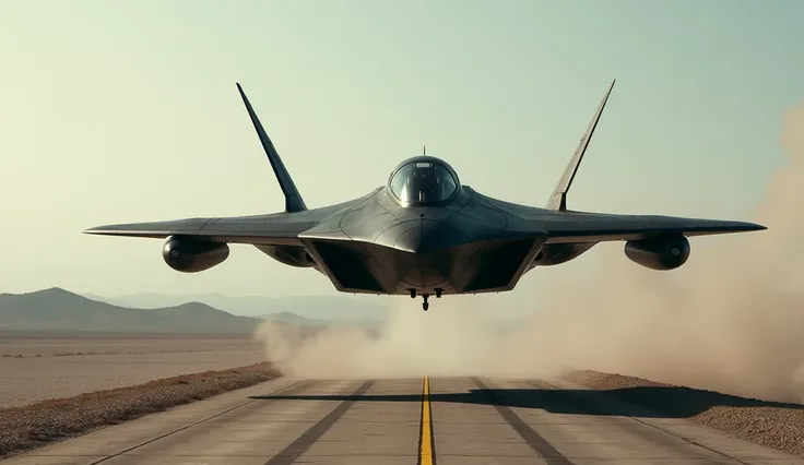  A black plane with a stealth design , without conventional propellers or wings ,  taking off vertically from a secret runway in Area 51.