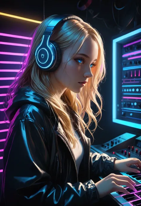 1girl, beautiful detailed blue eyes, detailed blonde hair, white headphones, making electronic music, studio, neon lighting, moody atmosphere, volumetric lighting, cinematic, dramatic, vibrant colors, hyper realistic, 8k, ultra detailed, masterpiece, (best...