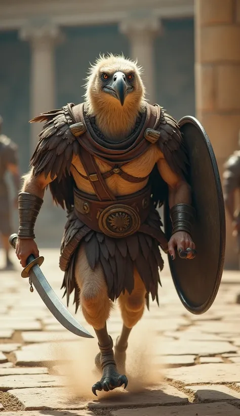 A real vulture standing like a human, dirty and fierce,  wearing a gladiators shoulder strap and belt , wielding a knife and shield,  hes RUNNING FAST in a medieval marble arena in a combat setting. HES RUNNING IN THE ARENA .