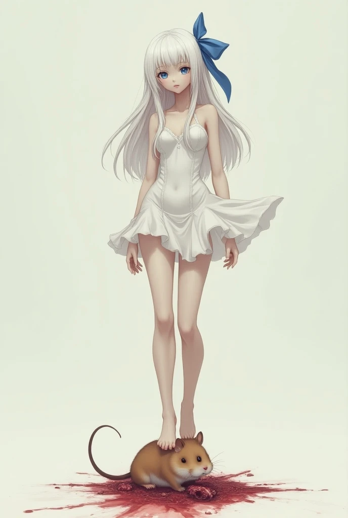 　White clothes　blue eyes　Long white hair　Forehead　Thin limbs　barefoot　Shoulder Bare　 clothes made of ultra-thin fabric that are short or not covered by underwear　Blue ribbon　White eyelashes　 stepping on a hamster with its foot 　  The hamster is crushed and...