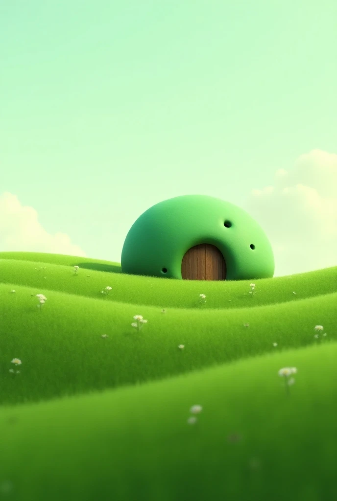 Flat green field ,  with a round green slime house
