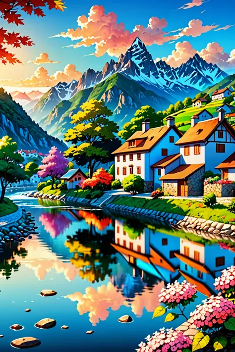 a small village by the river, mountains in the background, floral flowers colorful, detailed landscape, Beautiful natural landscapes, atmospheric lighting, scorching sunset, warm colours, practical, photopractical, Detailed Foliage, complex buildings, cobb...