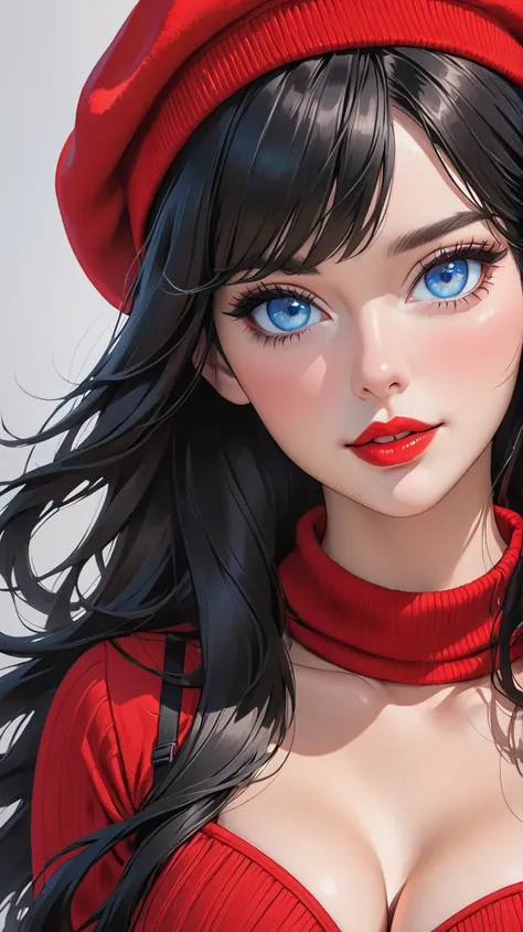 this is a close up view of a cartoon woman wearing a red beanie, 1girl, solo, breasts, hat, long hair, blue eyes, black hair, red lips, looking at viewer, cleavage, bra, red headwear, underwear, upper body, beret